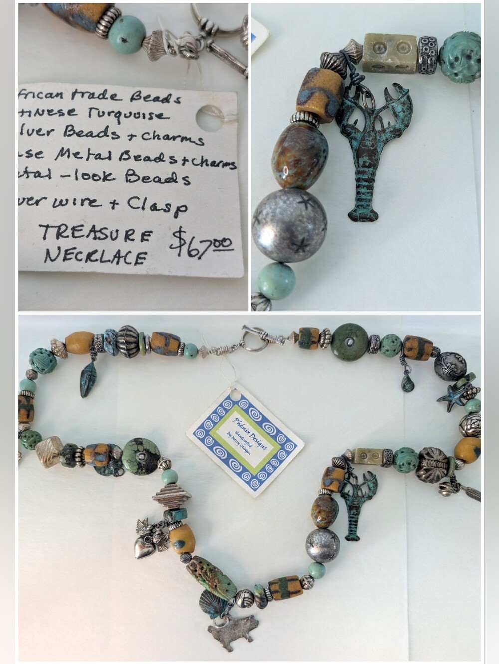 NOS Phoenix Designs Studio Necklace Merry Clingen Turquoise Trade Bead Necklace